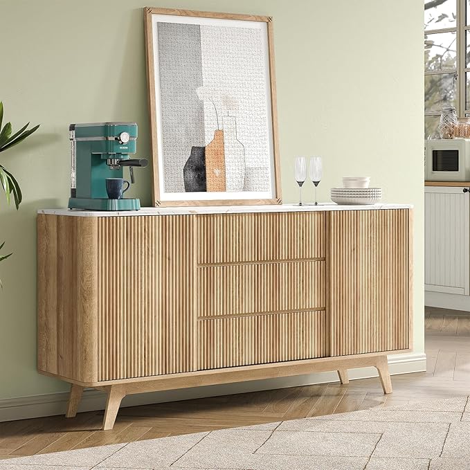 62" W Fluted Buffet Cabinet with Sliding Doors, Modern Sideboard Storage Cabinet with Power Outlet & 3 Drawers, Mid-Century Coffee Bar Table for Living Room, Dinning Room, Natural