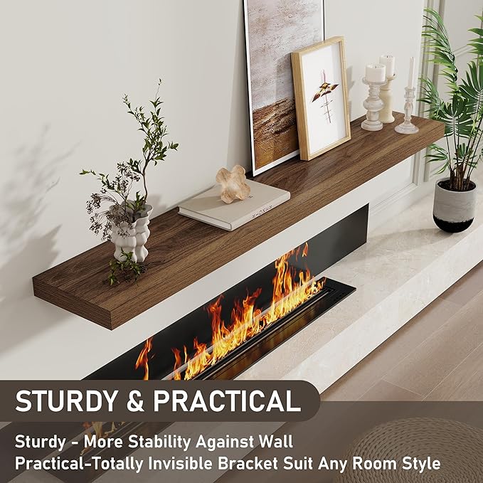 Floating Shelves for Wall, 66 Inch Floating Shelves Set of 2, Wall Mounted Rustic Wood Shelf for Bathroom, Living Room, Bedroom and Kitchen, Hanging Shelf for Storage, Books, Home Decor, Walnut