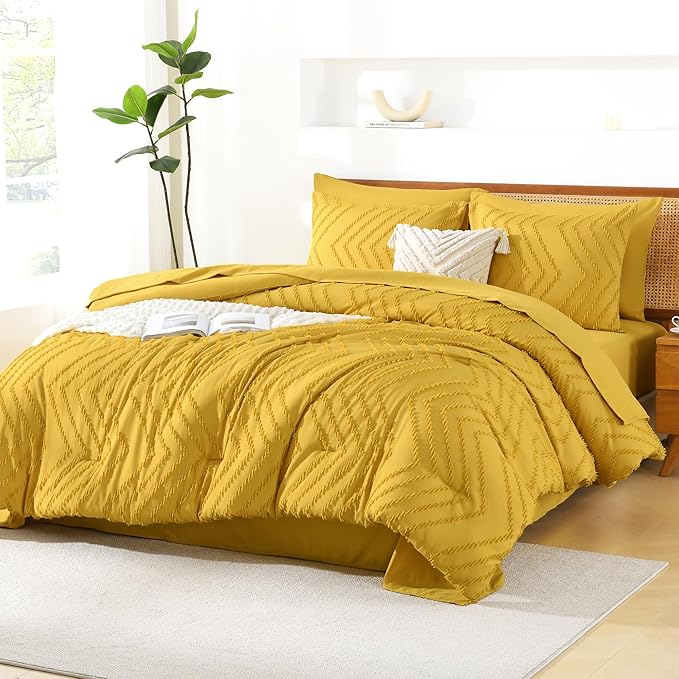 Litanika King Size Comforter Set with Sheets Mustard Yellow - 7 Pieces Bed in a Bag King Chevron Tufted Complete Bedding Sets with Comforter, Sheets, Pillowcases & Shams