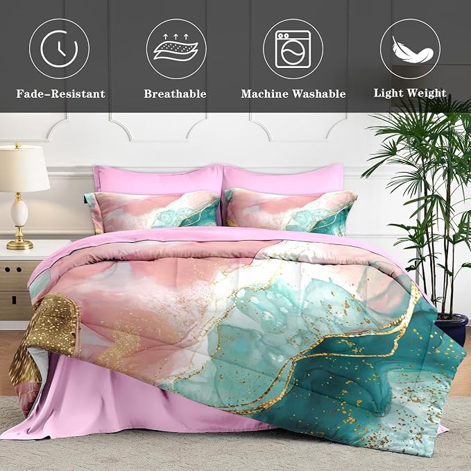 7Pcs Comforter Set King Size, Pink Teal Gold Marble, Bedding Decor Turquoise Rose Dye Abstract Bedroom Bed Set Flat Sheet Fitted Sheet Pillowcases Shams for Kids Adults