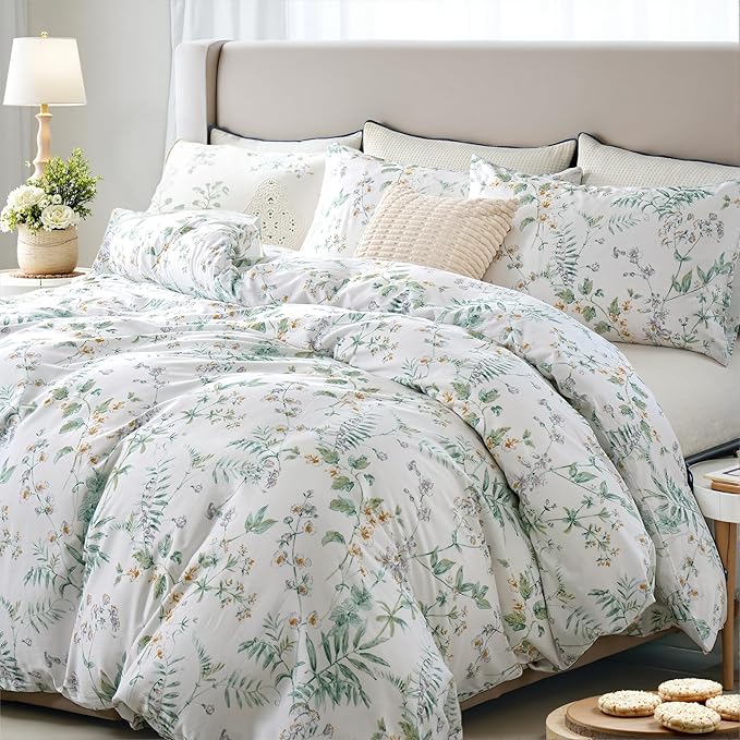 100% Cotton Duvet Cover Set Queen Size Vintage Chic Style Green Floral Duvet Cover Lightweight Floral Bedding Set with Zipper Closure for All Season, Exquisite, Ultra Soft