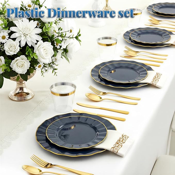 175 Plastic Dinnerware Set, Disposable Dinnerware Set for 25 Guests Include 50 Plastic Plates,25 Silverware Set,25 Cups and 25 Napkins for Christmas,Party,Wedding(Navy Blue and Gold)