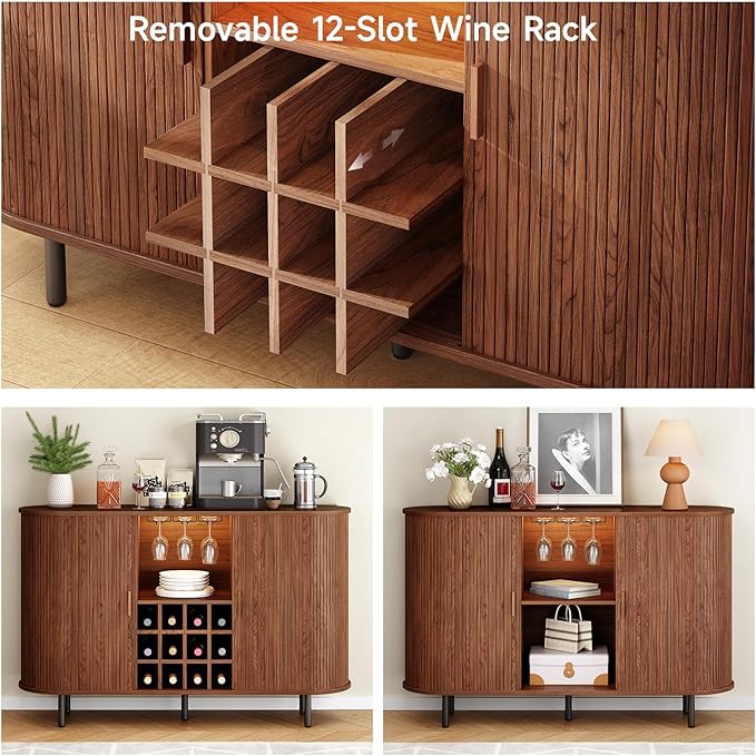 ONBRILL 55" Wine Bar Cabinet with LED Light,Modern Liquor Whiskey Coffee Station with Wine Rack and Glass Holder, Farmhouse Buffet Sideboard with Storage for Living Room, Kitchen, Entryway (Walnut)