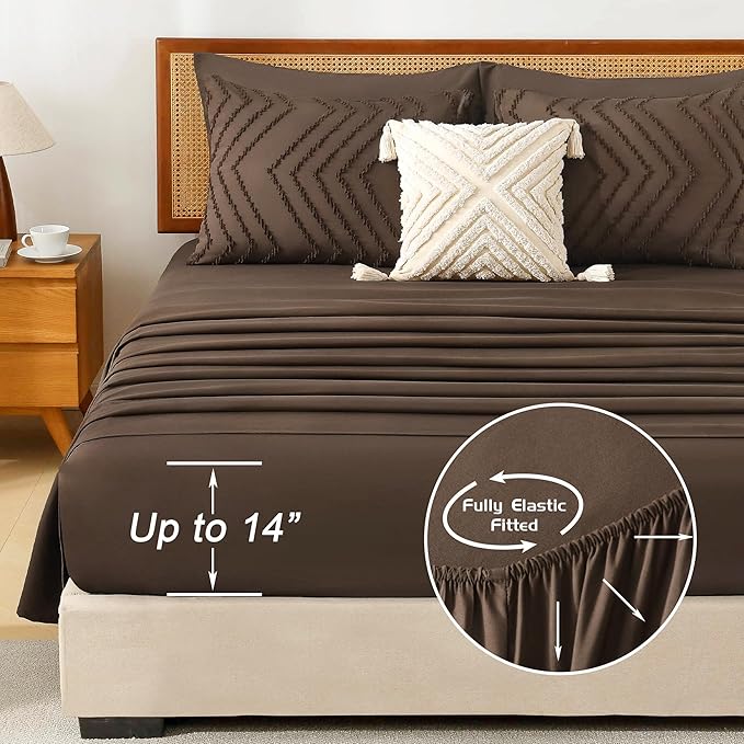 Litanika Super King Size Comforter Set with Sheets Brown - 7 Pieces Bed in a Bag Oversized King Boho Tufted Complete Bedding Sets with Comforter, Sheets, Pillowcases & Shams