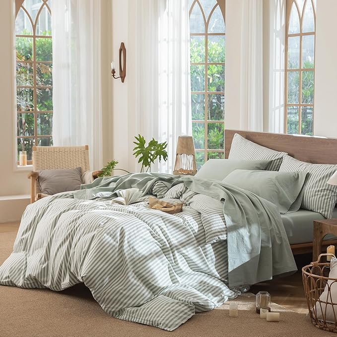 MooMee Bedding Sheet Set 100% Washed Cotton Linen Like Textured Breathable Durable Soft Comfy (Heathered Sage Green, California King)