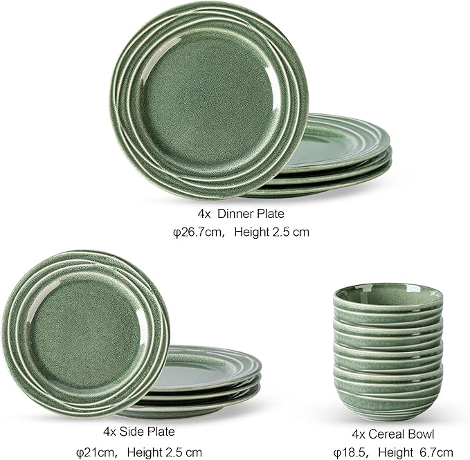 GBHOME Ceramic Dinnerware Sets,12 pcs Embossed Elegant Stoneware Plates and Bowls Sets, Housewarming Wedding Gift | Dishwasher & Microwave Safe | Dishes Set Service for 4