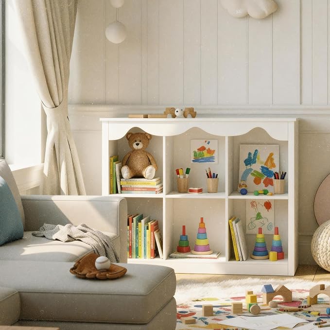 Wooden Storage Cabinet Montessori Kids Bookshelf Toy Storage Organizer for kidsroom Dutch Design,Milkywhite
