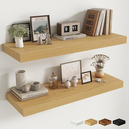 Fun Memories 12" Deep Floating Shelves for Wall, 36" W x 12" D Floating Shelves, Long Wood Floating Wall Shelf for Living Room Bathroom Bedroom Kitchen, Oak, Set of 2