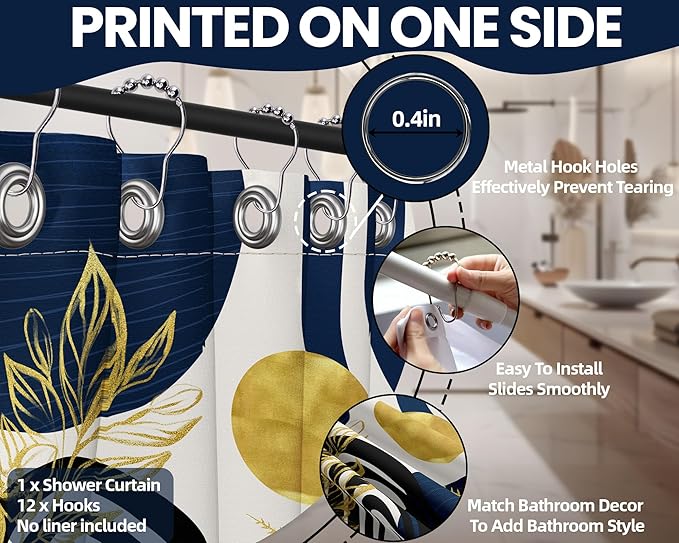 Mid Century Modern Navy Blue Shower Curtain Boho Dark Blue and Gold Leaves Shower Curtains for Mens Bathroom Decor Sets, Waterproof Cloth Fabric with Hooks, 70x72in