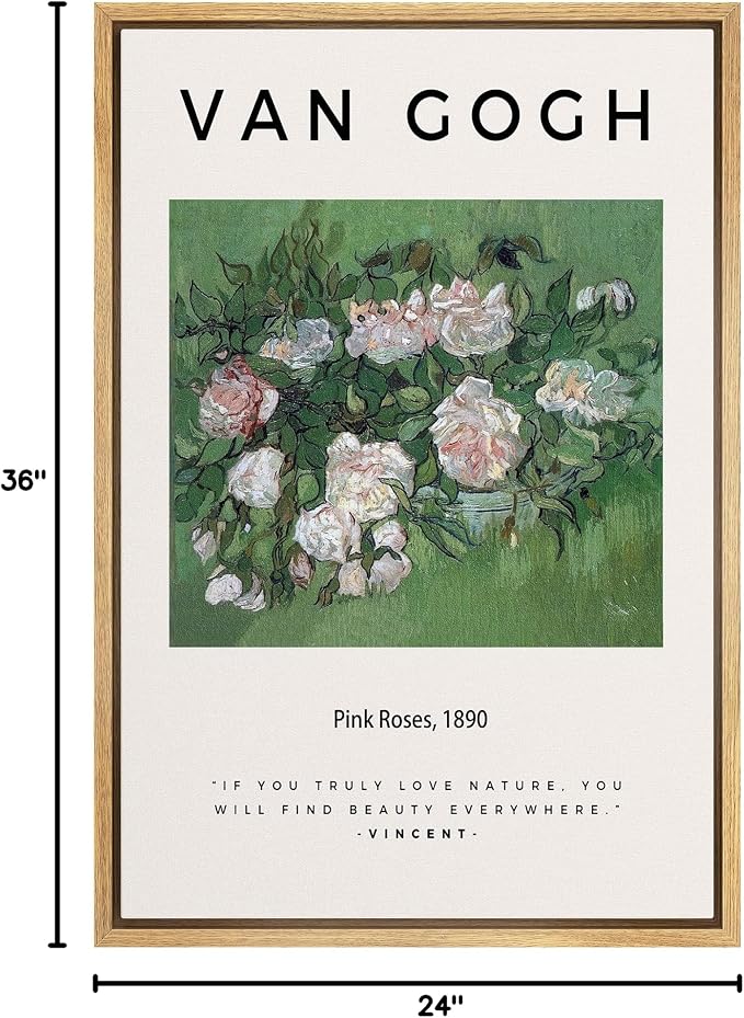 SIGNLEADER Framed Canvas Print Wall Art Van Gogh Pink Roses 1890 Decorative Brushstroke Illustrations Fine Art Colorful Multicolor Warm for Living Room, Bedroom, Office - 24"x36" Natural