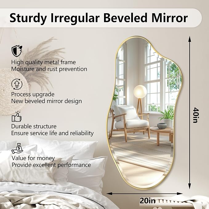 POZINO Irregular Beveled Mirror, 40"x20" Asymmetrical Vanity Wall Mirror with Gold Metal Frame, Organic Shape Mirrors for Entryway Bathroom Living Room Bedroom Hallway, Horizontal/Vertical Hanging