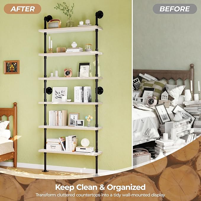 6 Tier Industrial Ladder Shelf Bookcase, Wall Mounted Rustic Bookshelf for Living Room Decor and Storage (White, 6 Tier - 10" D x 36" W x 82.5" H)