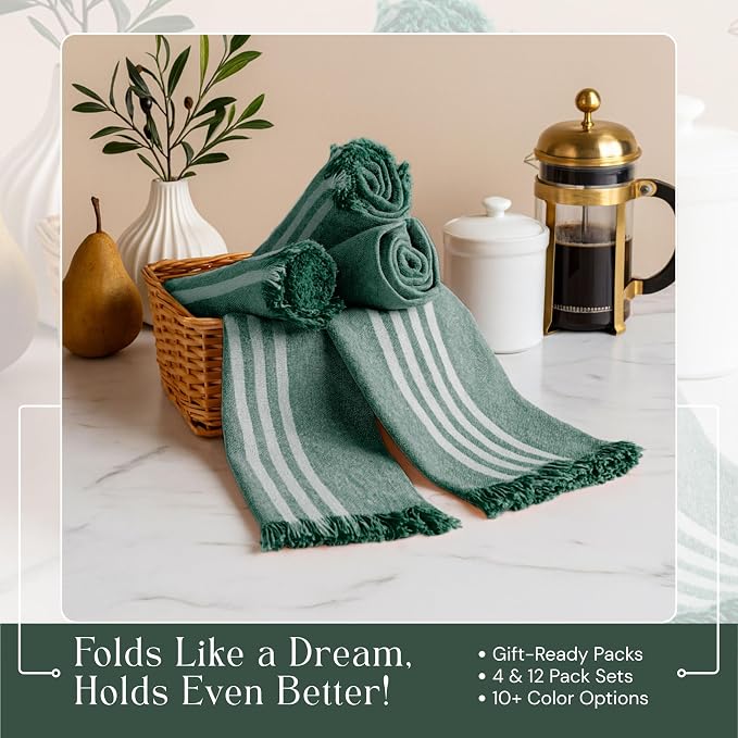Stripe Kitchen Towels 4 Pack, 16x26 Inches, Cotton Dish Cloths, Absorbent Drying Rags, Reusable and Washable Tea Towels, Cleaning Cloths for Daily Kitchen Use - Forest Green