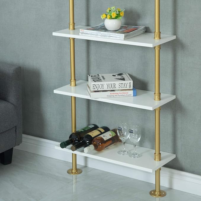 Industrial 6-Tiers Modern Ladder Shelf Bookcase,Wood Storage Shelf,Display Shelving, Wall Mounted Wood Shelves(Gold)
