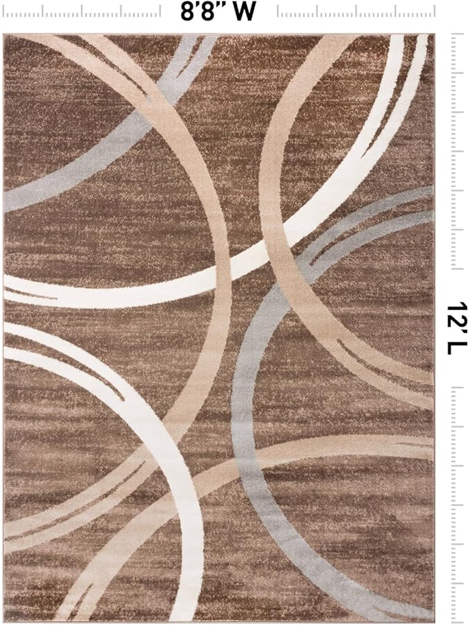 Rugshop Modern Wavy Circles Design Area Rug, Fade-Resistant Carpet for Living Room, Bedroom, or Dining Room, Grand Room,Open Spaces Brown, 8'8" x 12'