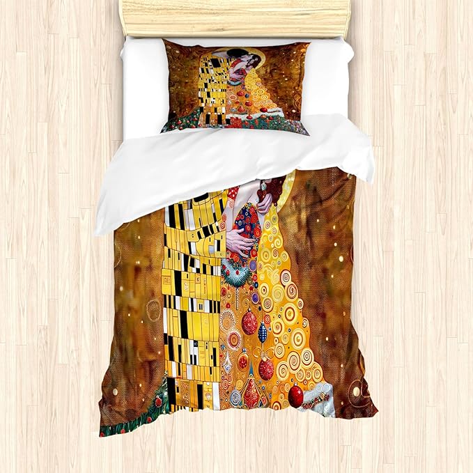 Ambesonne Christmas Duvet Cover Set, Romantic Xmas in Golden Yellow Tones Theme with Man and Woman Kissing, Decorative 2 Piece Bedding Set with 1 Pillow Sham, Twin Size, Ginger Mustard Amber