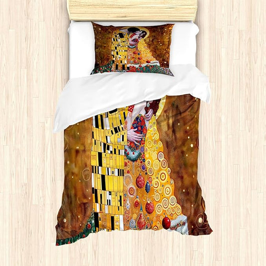 Ambesonne Christmas Duvet Cover Set, Romantic Xmas in Golden Yellow Tones Theme with Man and Woman Kissing, Decorative 2 Piece Bedding Set with 1 Pillow Sham, Twin Size, Ginger Mustard Amber