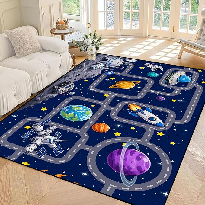 Outer Space Rug Astronaut Road Map Area Rug for Bedroom Living Room Nursery Kitchen Playroom Home Decor Washable Educational Floor Mat Galaxy Themed Carpet,5'x7'