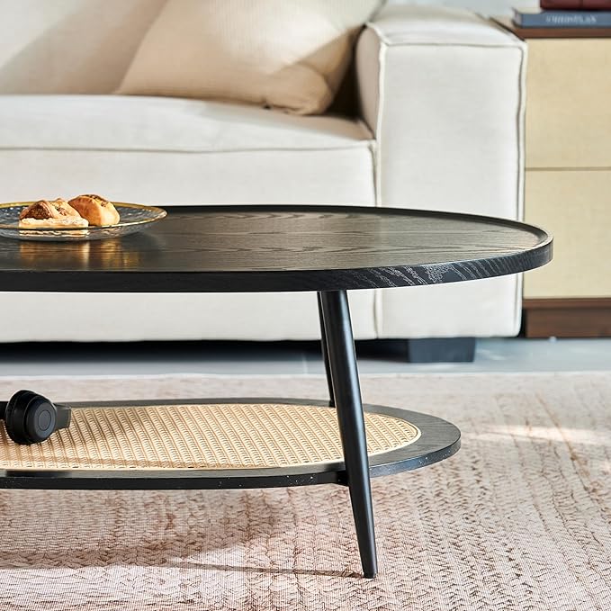Saint Mossi Oval Wood and Rattan Coffee Table for Living Room, Mid-Century Modern Wood Coffee Table, Center Table for Small Space, Black and Rattan Board, D47xW23.6xH15
