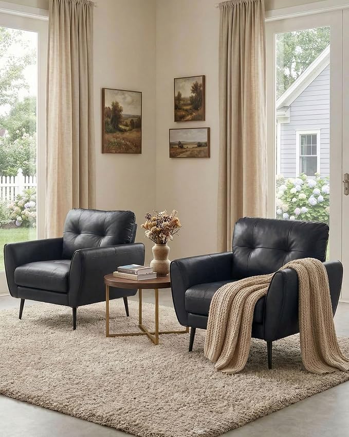 TYBOATLE Accent Chairs Set of 2, Comfy Modern Living Room Chair Black Leather Reading Accent Chairs Tufted Mid Century Arm Chair Small Salon Chair for Office Bedroom (2, Black)