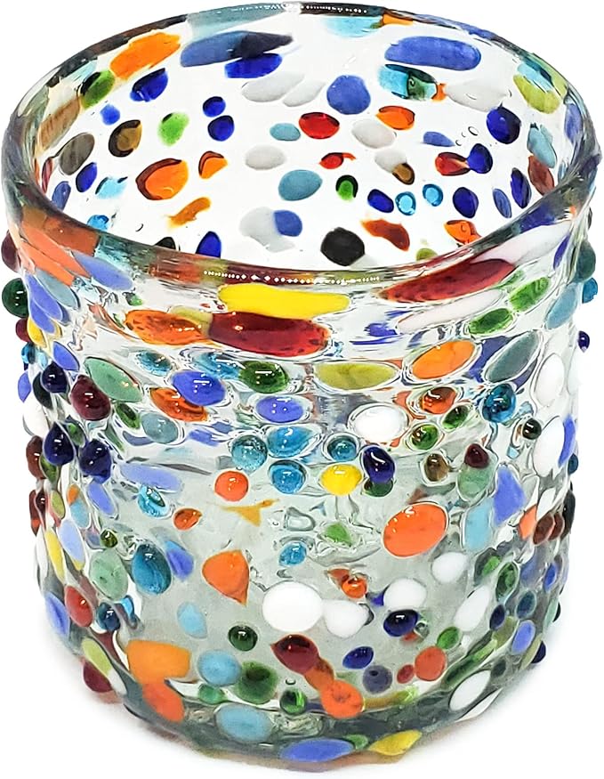 Confetti Rocks 8 oz DOF Glasses (set of 6) Mexican Handmade Multicolor Glassware, Recycled Glass, Lead-free, Toxin-Free (DOF Rocks)