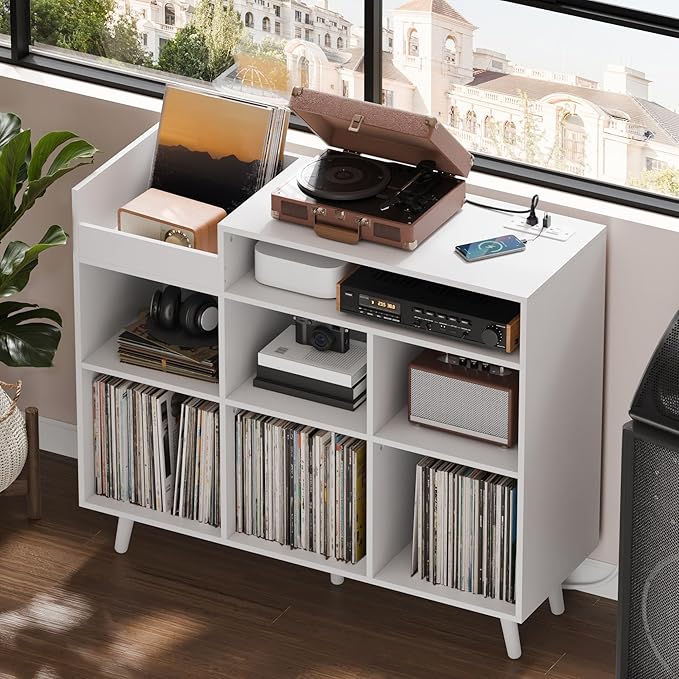Cozy Castle Large Record Player Stand with Vinyl Storage Cabinet, Wood Turntable Table Open Shelf Holder Up to 500 Albums Cube Storage Organizer for Living Room, Office, White