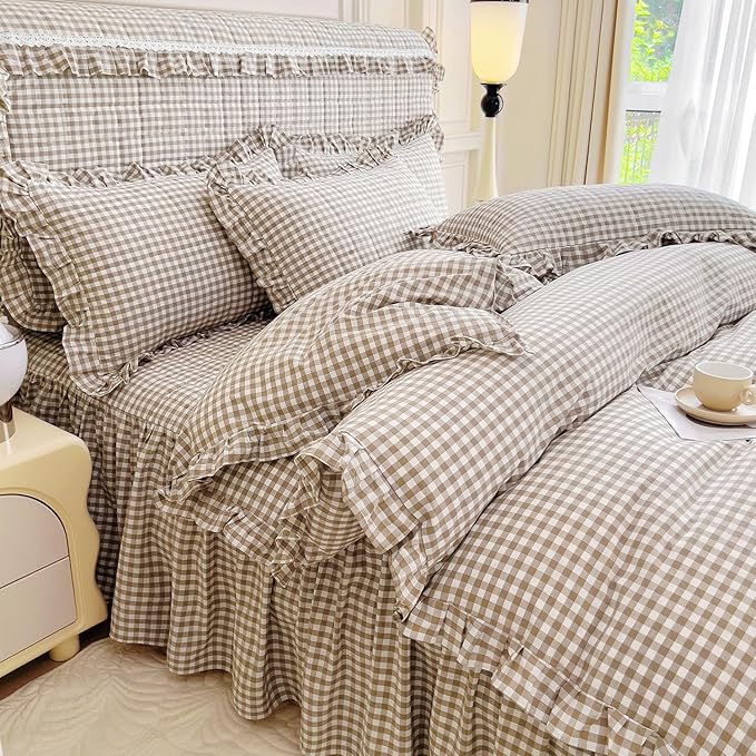 mixinni Tan Gingham Ruffle Duvet Cover Twin Size 3 Pieces – 100% Washed Cotton, Vintage Plaid Ruffled Bedding Set with Zipper Ties, Soft Cream Checkered Grid Farmhouse Chic Comforter Cover Set