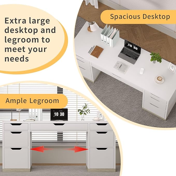 MaverickFurni White Desk with 7 Drawers, 54 Inch Executive Desk with Drawers for Bedroom, Home Office Desk with Drawers for Work Writing Study, Small Spaces