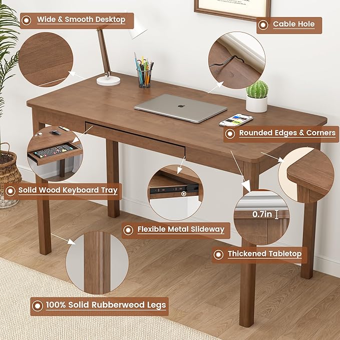 Solid Wood Desk with Keyboard Tray - 48 Inch Mid Century Modern Writing Desk, Computer Desks with Keyboard Tray, Simple Study Table Home Office Desks for Bedroom|Small Spaces-Walnut Color