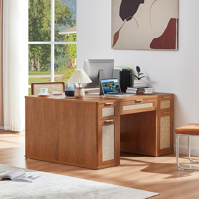 LEYAOYAO 56'' Rattan Farmhouse Executive Desk with Drawers, Wood Home Office Desk with File Cabinet and Metal Handles, Large Vintage Computer Desk for Home, Bedroom, Living Room （Brown）