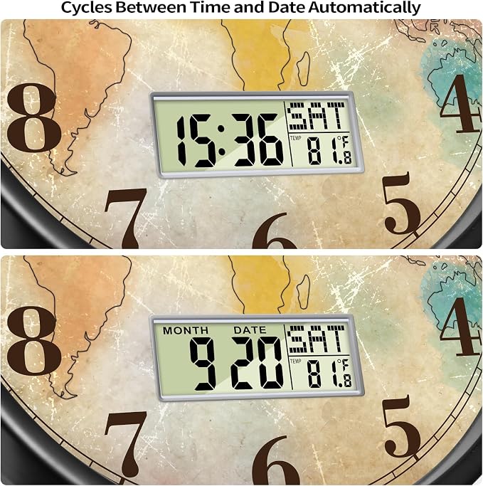Vintage World Map Wall Clock, 14 Inch Silent Non-Ticking Battery Operated Analog Clock with LCD Date Day Temp Display, Decorative for Living Room, Bedroom, Kitchen, Study, Dining Room