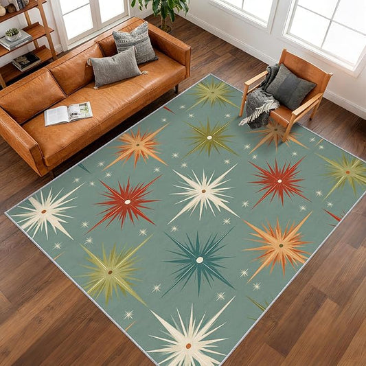 Mid Century Modern Rugs for Bedroom 3x4 ft, Starburst Area Rugs for Living Room, Washable Non Slip Low Pile Abstract Atomic Carpet, Home Decor PF-P 107