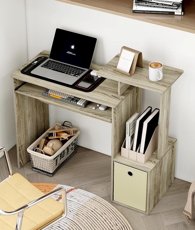 Small Computer Desk with Drawer, Writing Desk with Storage Shelves for Home Office Bedroom, Oak/Ivory