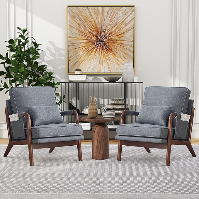 ANJ Mid Century Modern Accent Chair Set of 2, Lounge Reading Armchair with Extra Side Pocket & Detachable Cushion, Comfy Fabric Accent Chairs for Living Room, Bedroom, Grey