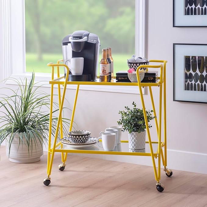 Linon Gina Yellow Mid Century Bar Cart with Mirrored Shelves