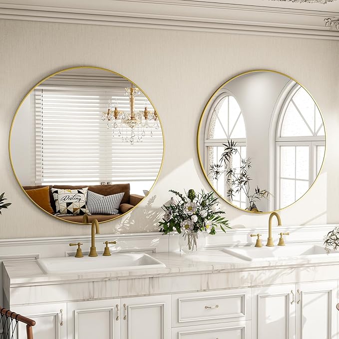 Round Mirror Wall Mounted Mirror - 30" Circle Mirror Bathroom Vanity Mirror with Aluminum Frame for Bedroom Living Room, Entryway Decor Gold Mirror