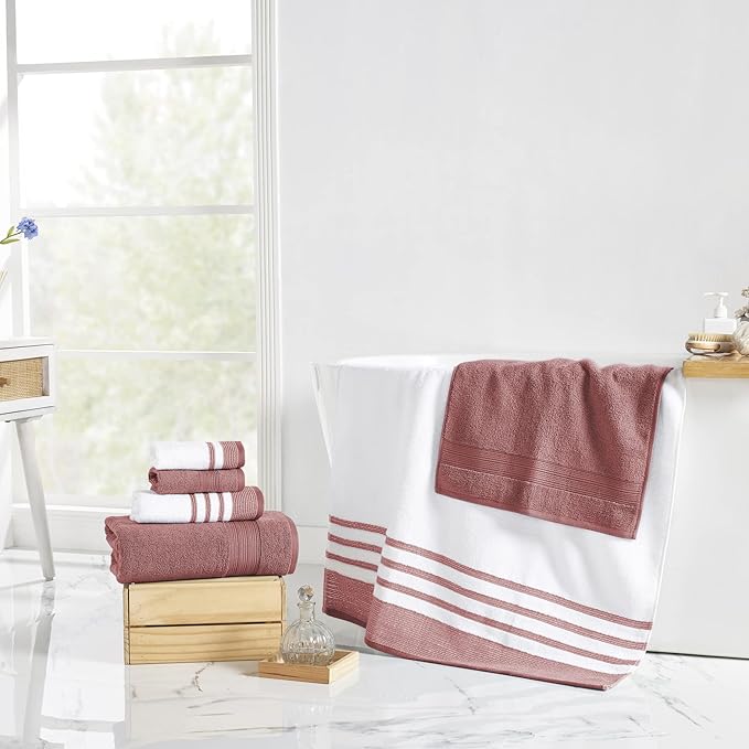 Modern Threads 6-Piece Towel Set – 100% Cotton, Quick Dry, Ultra Absorbent – Includes 2 Bath, 2 Hand, 2 Washcloths (White/Reinhart Rose)