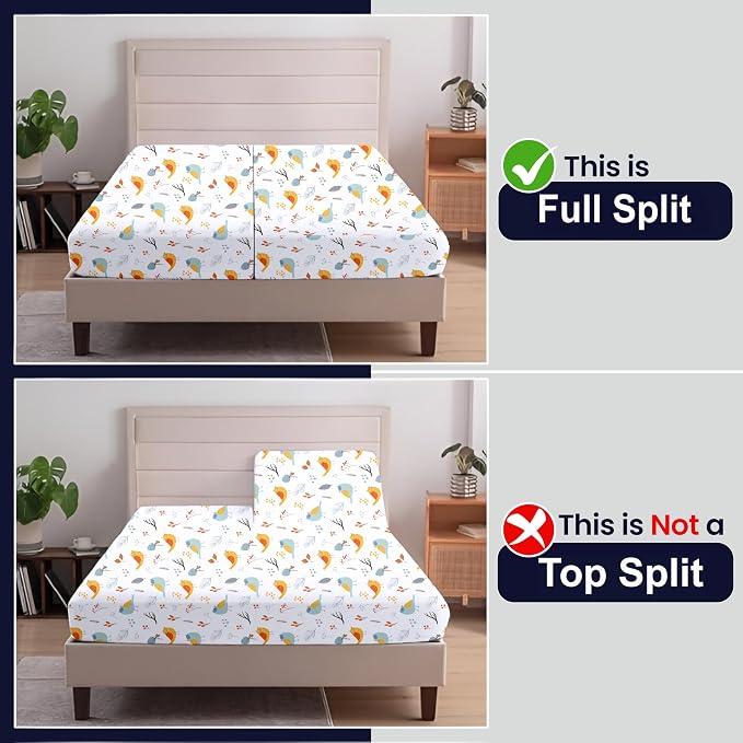 SGI Split King Sheet Set for Adjustable Bed Egyptian Premium Cotton 600 Thread Count Sheets for Sleep Number Bed 15" Deep Pocket 5 Pc Set with 2 Twin XL Fitted Sheets Soft Breathable - Spring Bird