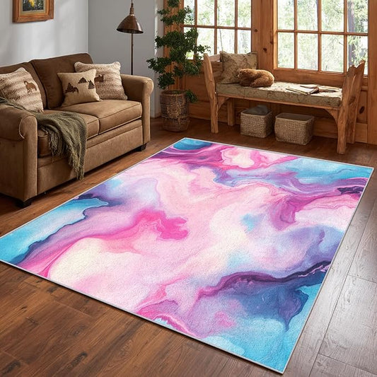 Colorful Marble Fluid Area Rug, Watercolor Abstract Pattern Carpet, Washable Non Slip Low Pile Soft Thin, Living Room Bedroom Home Decor Mat 3x5ft(Small)