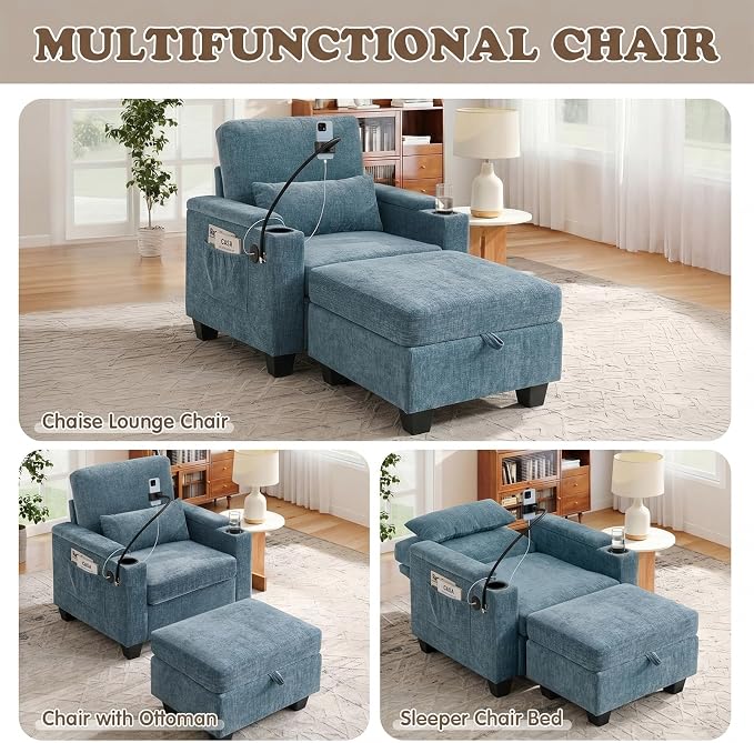 Small Chaise Lounge Chair Indoor with Ottoman&Adjustable Backrest,Chenille Tufted Recliner Comfy Sofa Chair with USB,Phone Holder&Storage Arms,Convertible Sleeper Couch Bed for Living Room(37"W,Blue)