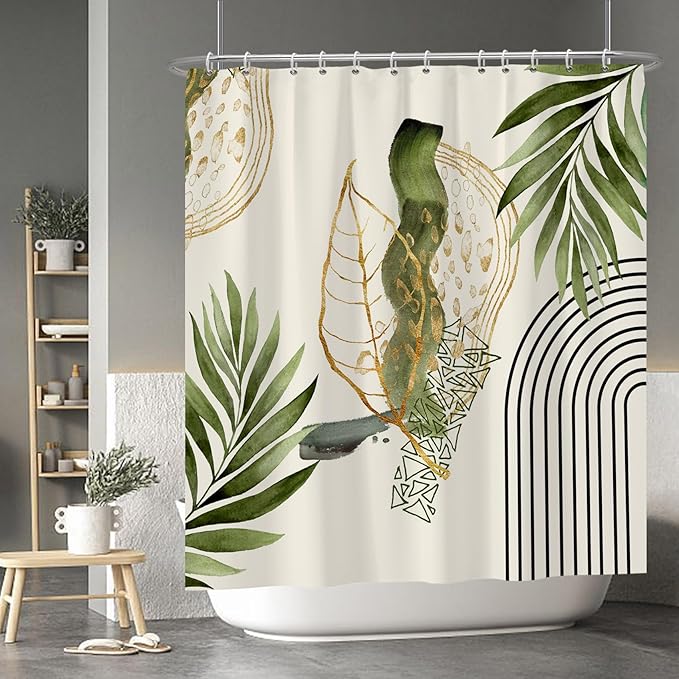 Baocicco Boho Shower Curtain Green Gold Leaves Modern Abstract Geometric Minimalist Shower Curtains Decorative for Bathroom Waterproof Fabric Shower Curtain with Hooks 72x78 Inches