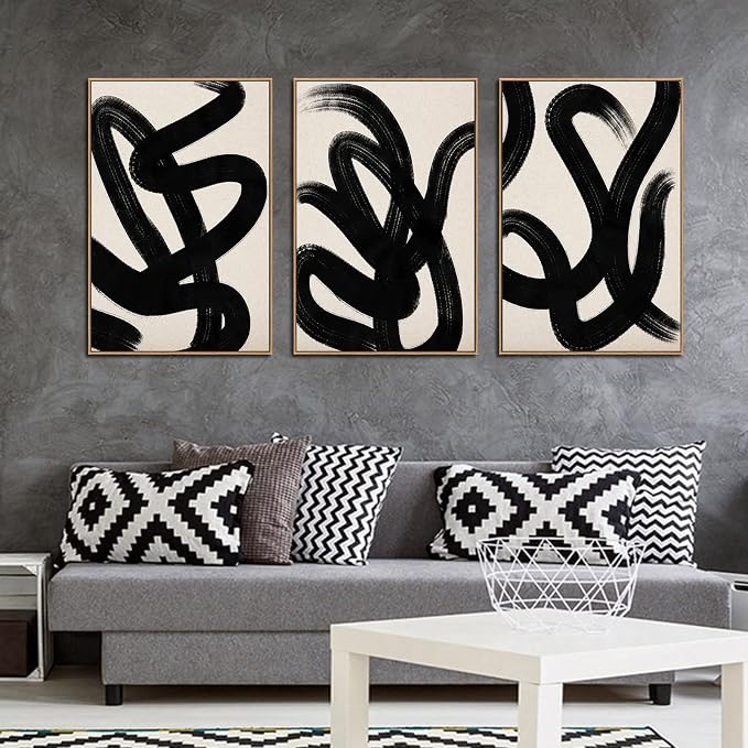 arteWOODS Framed Wall Art Canvas Set Abstract Lines Pictures Modern Mid Century Boho Wall Decor Minimalist Abstract Black Stroke Painting Artwork Living Room Bedroom Home Office 32" x 48" *3 Natural
