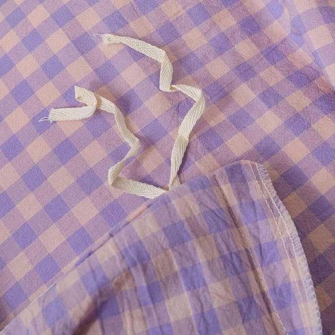 mixinni Purple Gingham Grid Duvet Cover Full, 100% Washed Cotton Modern Geometric Bedding Set with 2 Pillowcases, Farmhouse Style Yellow Plaid Comforter Cover Set for Men & Women, Soft & Lightweight