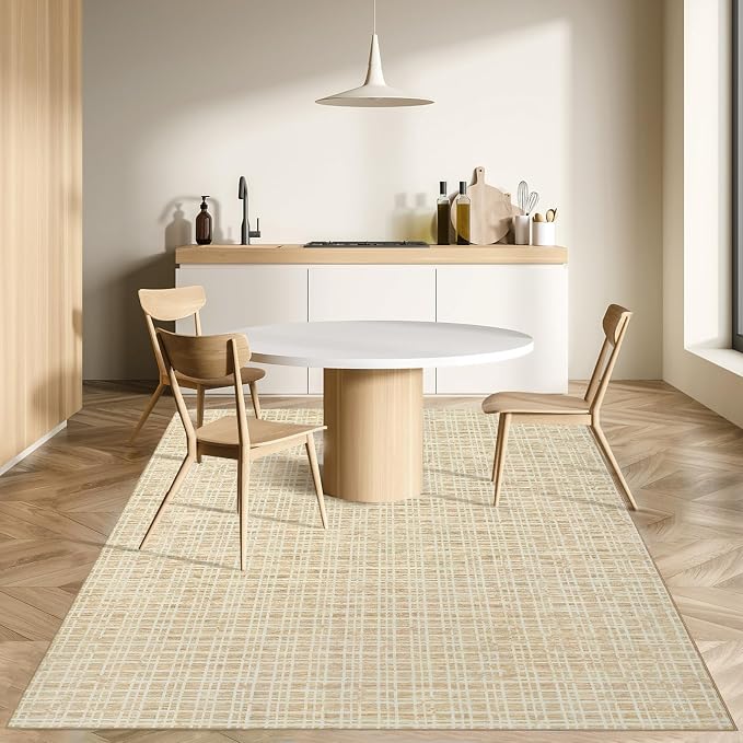 Washable Area Rugs 4x6 Rug for Living Room Bedroom Rugs Modern Plaid Entryway Rug Non Slip Soft Faux Wool Low Pile Stain Resistant Carpet for Dining Room Nursery 4'x6' Yellow
