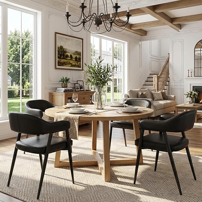 HNY Modern Dining Room Arm Chairs Set of 2, Retro Faux Leather Upholstered Barrel Dining Chairs with Arms Mid-Century Black Accent Chair with Metal Legs, Open-Back Kitchen Side Chair for Living Room
