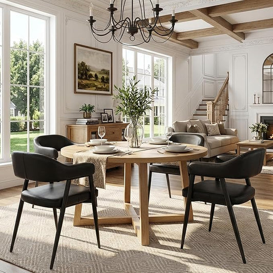 HNY Modern Dining Room Arm Chairs Set of 4, Retro Faux Leather Upholstered Barrel Dining Chairs with Arms Mid-Century Black Accent Chair with Metal Legs, Open-Back Kitchen Side Chair for Living Room