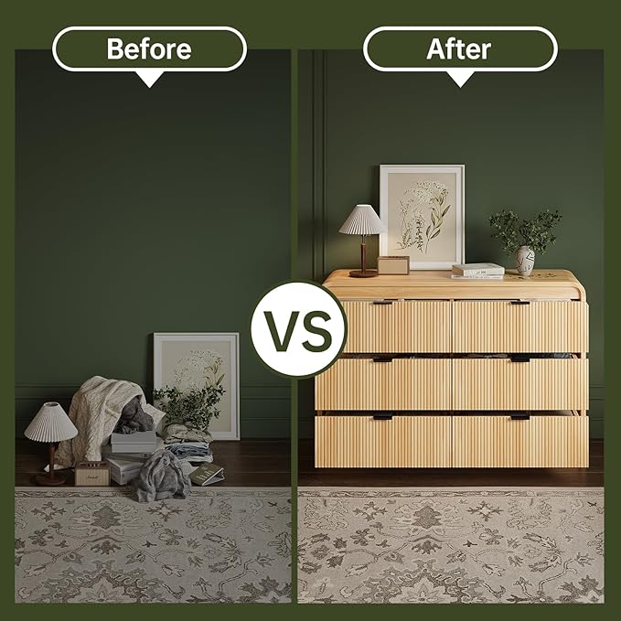 FURSUN 54" Wide Fluted 6 Drawer Dresser, Large Storage Wooden Dresser with Curved Profile & Metal Handles, Modern Chest of Drawers for Bedroom, Living Room, Natural Oak