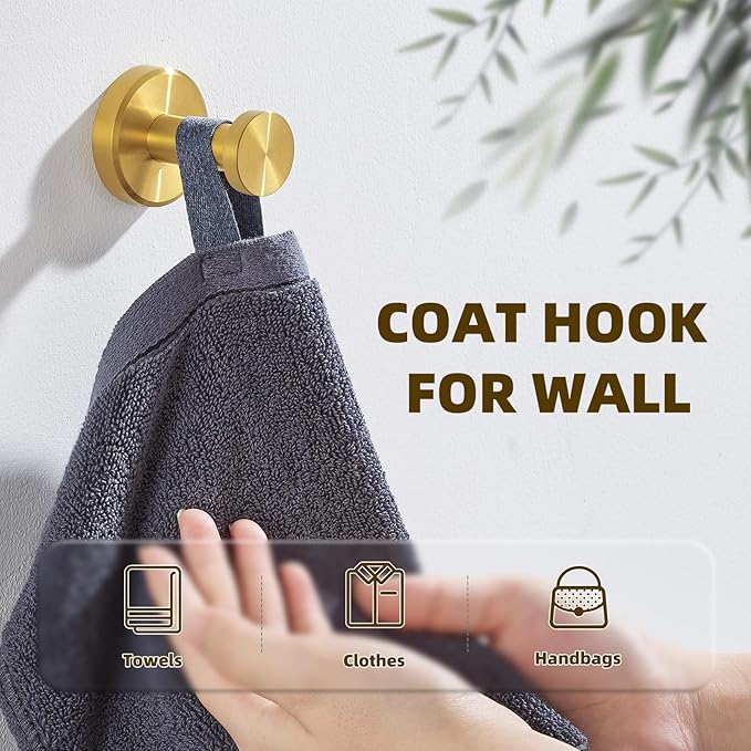 APLusee Brushed Gold Towel Hook for Bathroom, 304 Stainless Steel Round Towel Hanger, Heavy Duty Wall Hook for Kitchen Garage Wall Mounted