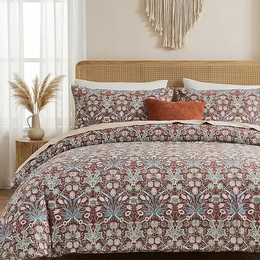 Cozeline 100% Cotton Duvet Cover Queen Size, Red Paisley Print Bedding Set with Zipper Closure, 3 Pcs Breathable and Luxury Duvet Cover for All Season