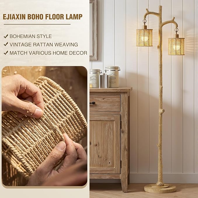 EJIAXIN Floor Lamp for Living Room - 69" Farmhouse Tree Trunk Standing Lamps - Country Resin Tall Lamp with 2 Rattan Lampshade - Rustic Floor Lamp for Bedroom Office Home Decor